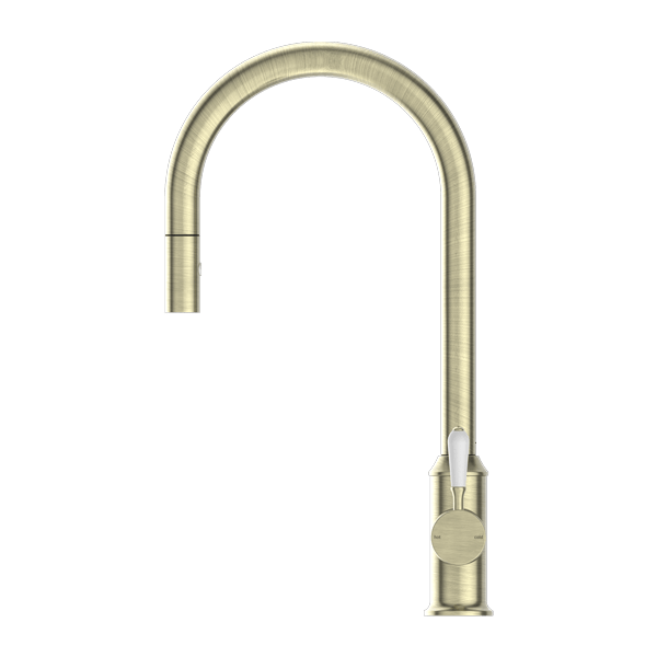 Nero Mixer Taps YORK PULL OUT SINK MIXER WITH VEGIE SPRAY FUNCTION WITH WHITE PORCELAIN LEVER AGED BRASS (NR69210801AB)