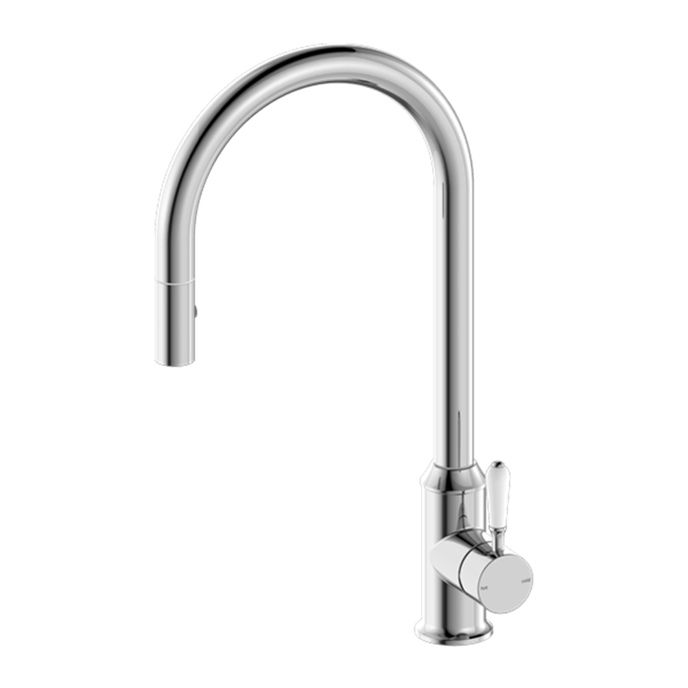 Nero Mixer Taps YORK PULL OUT SINK MIXER WITH VEGIE SPRAY FUNCTION WITH WHITE PORCELAIN LEVER CHROME (NR69210801CH)