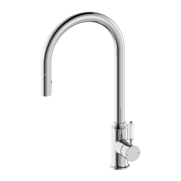 Nero Mixer Taps YORK PULL OUT SINK MIXER WITH VEGIE SPRAY FUNCTION WITH WHITE PORCELAIN LEVER CHROME (NR69210801CH)