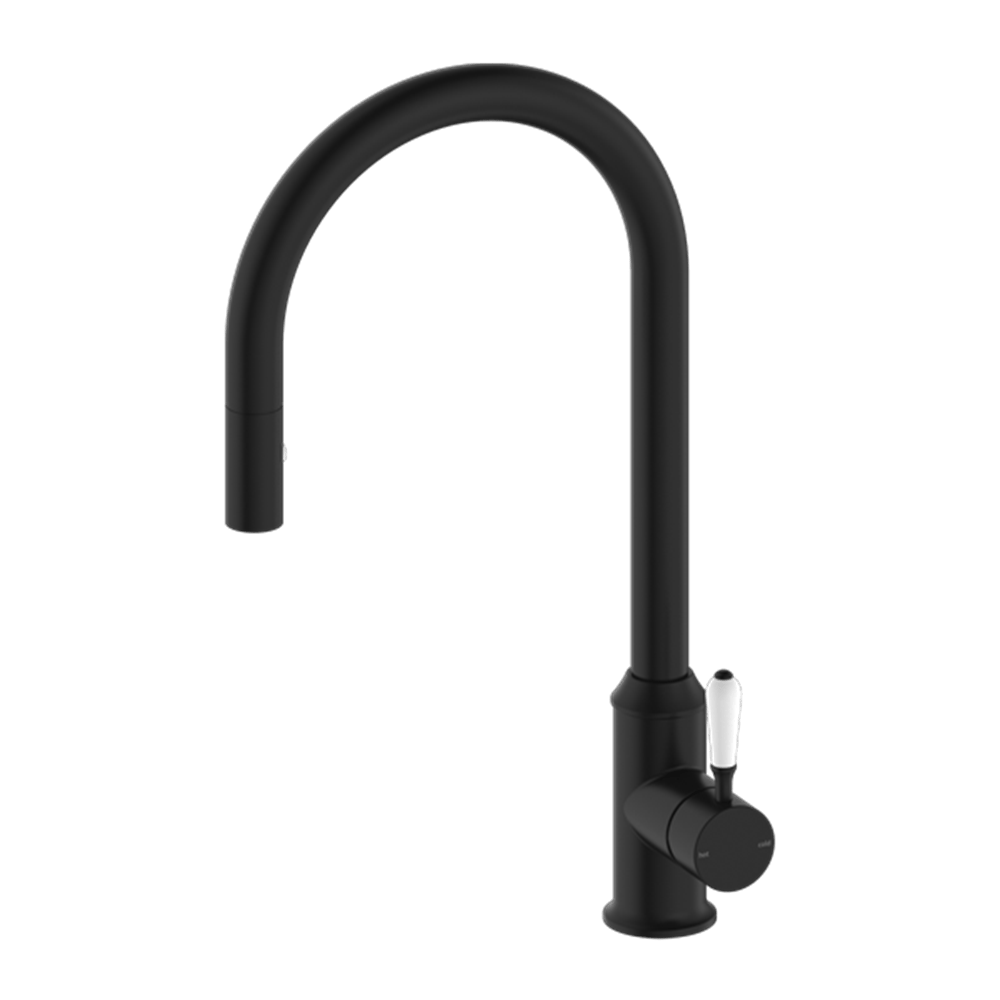 Nero Mixer Taps YORK PULL OUT SINK MIXER WITH VEGIE SPRAY FUNCTION WITH WHITE PORCELAIN LEVER MATTE BLACK (NR69210801MB)