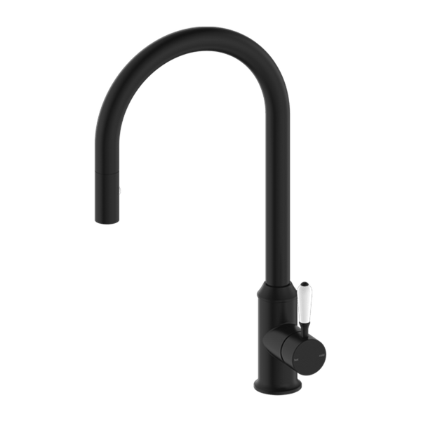 Nero Mixer Taps YORK PULL OUT SINK MIXER WITH VEGIE SPRAY FUNCTION WITH WHITE PORCELAIN LEVER MATTE BLACK (NR69210801MB)