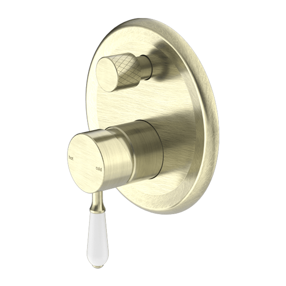 Nero Mixer Taps YORK SHOWER MIXER WITH DIVERTOR WITH WHITE PORCELAIN LEVER AGED BRASS (NR692109A01AB)