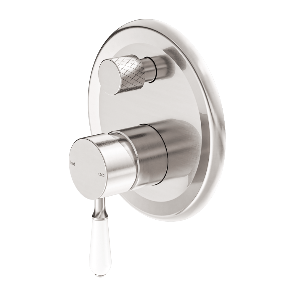 Nero Mixer Taps York Shower Mixer With Divertor With White Porcelain Lever Brushed Nickel (NR692109a01BN)