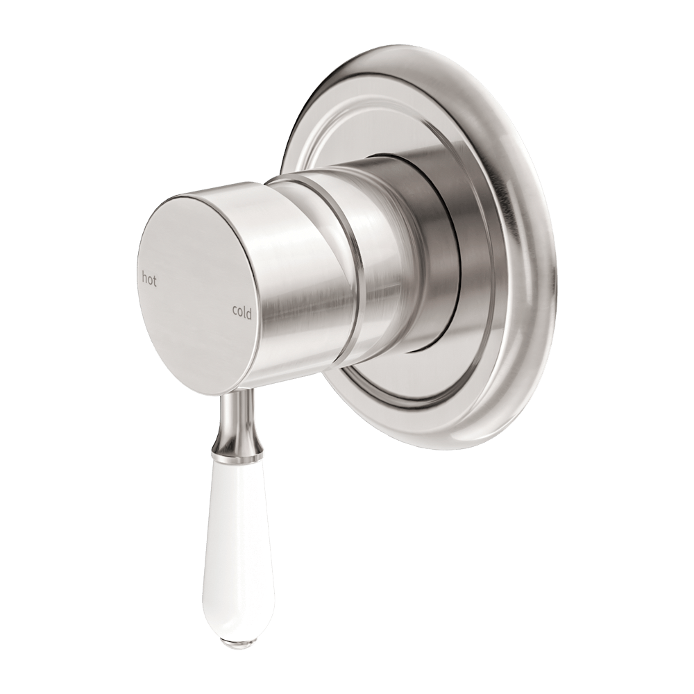 Nero Mixer Taps York Shower Mixer With White Porcelain Lever Brushed Nickel (NR69210901BN)