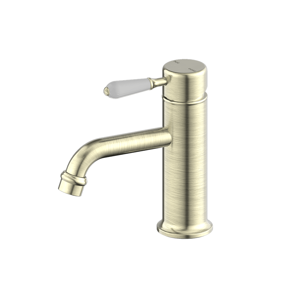 Nero Mixer Taps YORK STRAIGHT BASIN MIXER WITH WHITE PORCELAIN LEVER AGED BRASS (NR692101b01AB)