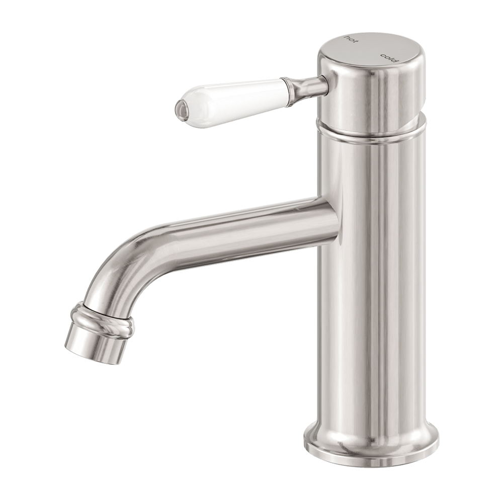 Nero Mixer Taps York Straight Basin Mixer With White Porcelain Lever Brushed Nickel (NR692101b01BN)