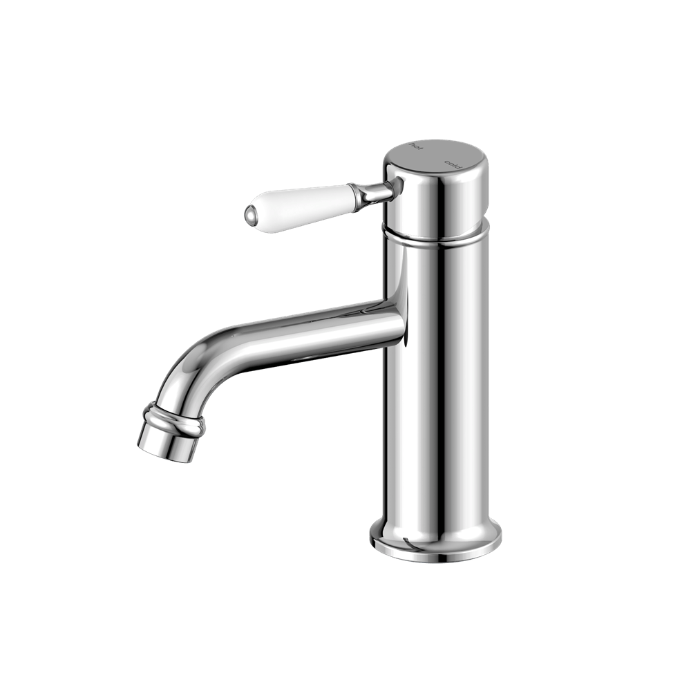 Nero Mixer Taps YORK STRAIGHT BASIN MIXER WITH WHITE PORCELAIN LEVER CHROME (NR692101b01CH)