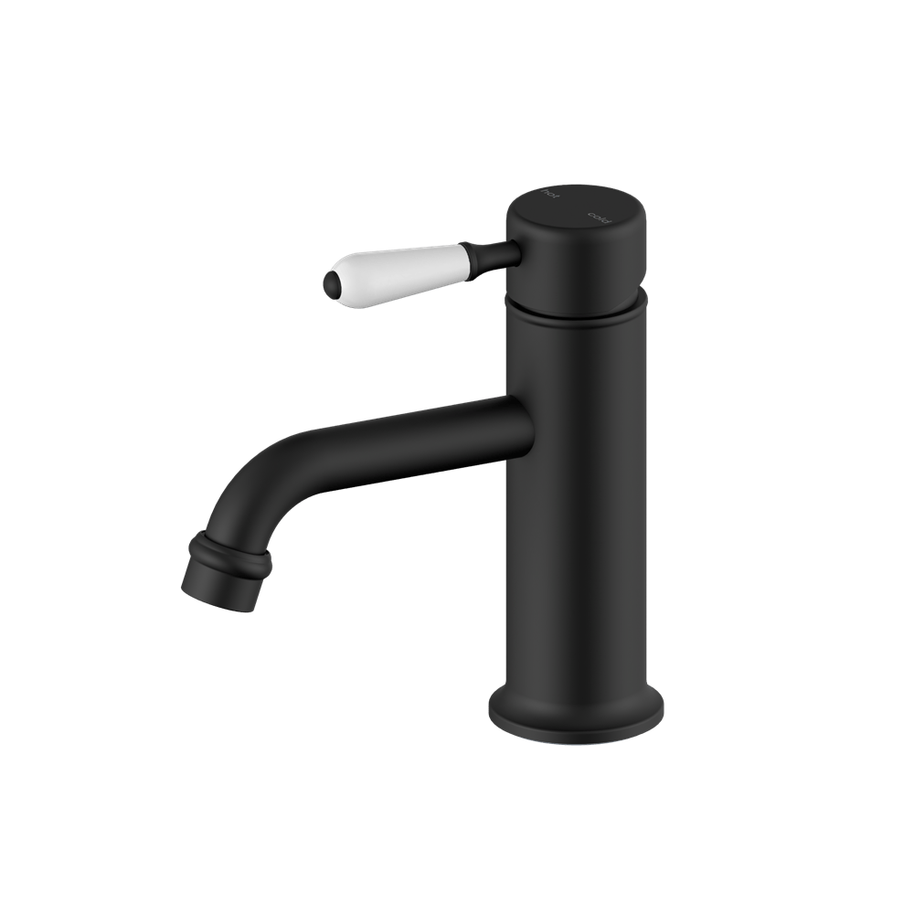 Nero Mixer Taps YORK STRAIGHT BASIN MIXER WITH WHITE PORCELAIN LEVER MATTE BLACK (NR692101b01MB)