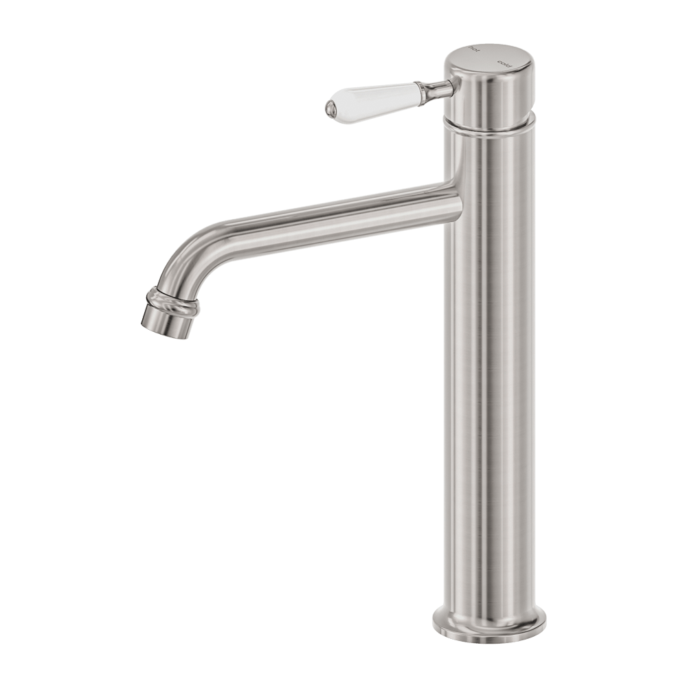 Nero Mixer Taps York Straight Tall Basin Mixer With White Porcelain Lever Brushed Nickel (NR692101a01BN)