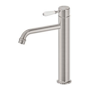 Nero Mixer Taps York Straight Tall Basin Mixer With White Porcelain Lever Brushed Nickel (NR692101a01BN)