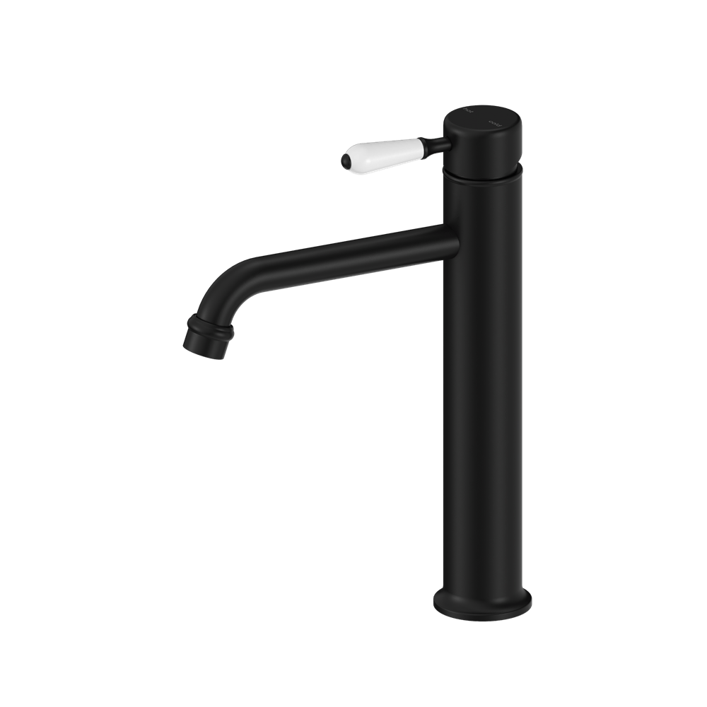 Nero Mixer Taps YORK STRAIGHT TALL BASIN MIXER WITH WHITE PORCELAIN LEVER MATTE BLACK (NR692101a01MB)