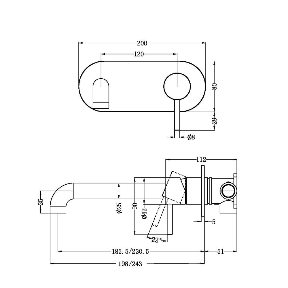 Zen SS316L Wall Basin/Bath Mixer 185/230mm Spout Brushed Nickel