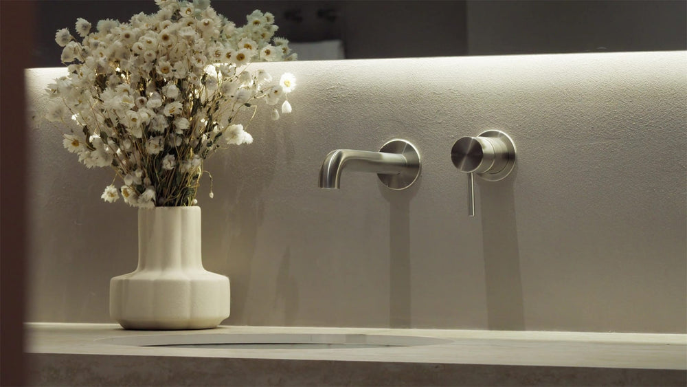 Zen SS316L Wall Basin/Bath Mixer Separate Back Plate 185/230mm Spout Brushed Gold
