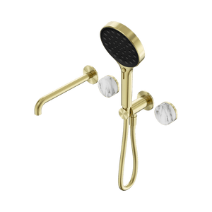 Nero Showers SERENITY PROGRESSIVE SHOWER SYSTEM WITH SPOUT WITH ARABESCATO CORCHIA HANDLE AND SERENITY HAND SHOWER BRUSHED GOLD (24E016BG)
