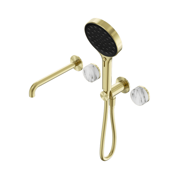 Nero Showers SERENITY PROGRESSIVE SHOWER SYSTEM WITH SPOUT WITH ARABESCATO CORCHIA HANDLE AND SERENITY HAND SHOWER BRUSHED GOLD (24E016BG)