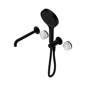 Nero Showers SERENITY PROGRESSIVE SHOWER SYSTEM WITH SPOUT WITH ARABESCATO CORCHIA HANDLE AND SERENITY HAND SHOWER MATTE BLACK (24E016MB)