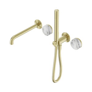 Nero Showers SERENITY PROGRESSIVE SHOWER SYSTEM WITH SPOUT WITH ARABESCATO CORCHIA HANDLE AND SLIM SHOWER BRUSHED GOLD (24E010BG)
