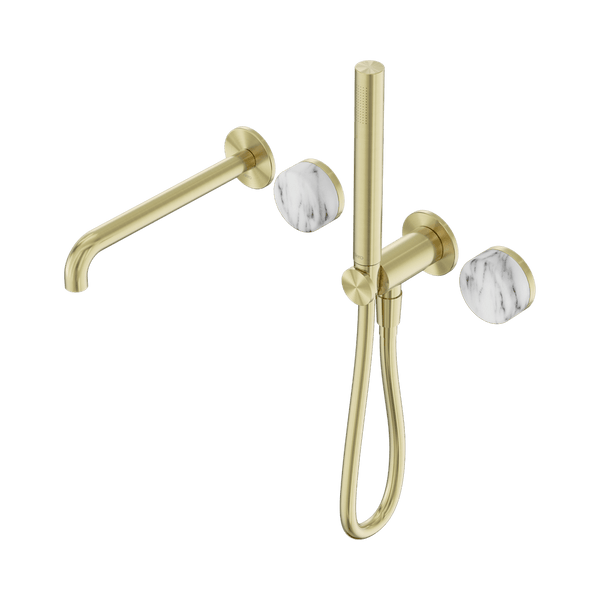 Nero Showers SERENITY PROGRESSIVE SHOWER SYSTEM WITH SPOUT WITH ARABESCATO CORCHIA HANDLE AND SLIM SHOWER BRUSHED GOLD (24E010BG)