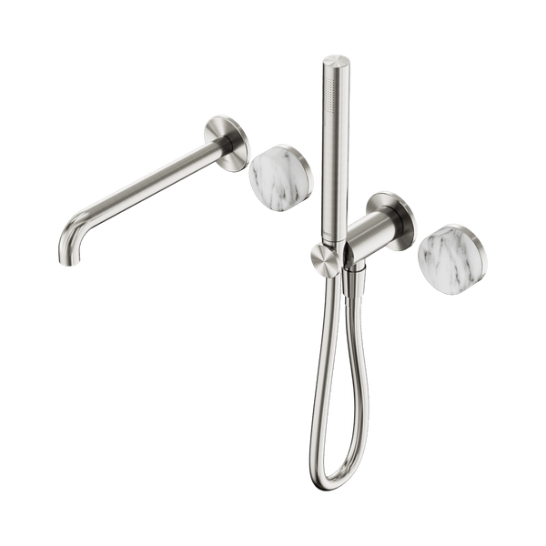 Nero Showers SERENITY PROGRESSIVE SHOWER SYSTEM WITH SPOUT WITH ARABESCATO CORCHIA HANDLE AND SLIM SHOWER BRUSHED NICKEL (24E010BN)