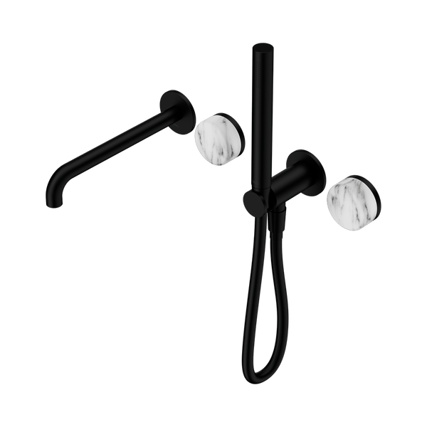 Nero Showers SERENITY PROGRESSIVE SHOWER SYSTEM WITH SPOUT WITH ARABESCATO CORCHIA HANDLE AND SLIM SHOWER MATTE BLACK (24E010MB)