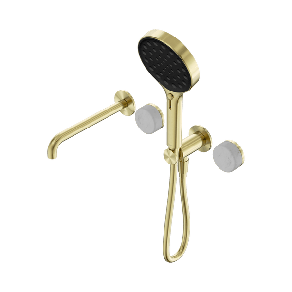 Nero Showers SERENITY PROGRESSIVE SHOWER SYSTEM WITH SPOUT WITH CARRARA HANDLE AND SERENITY HAND SHOWER BRUSHED GOLD (24E013BG)