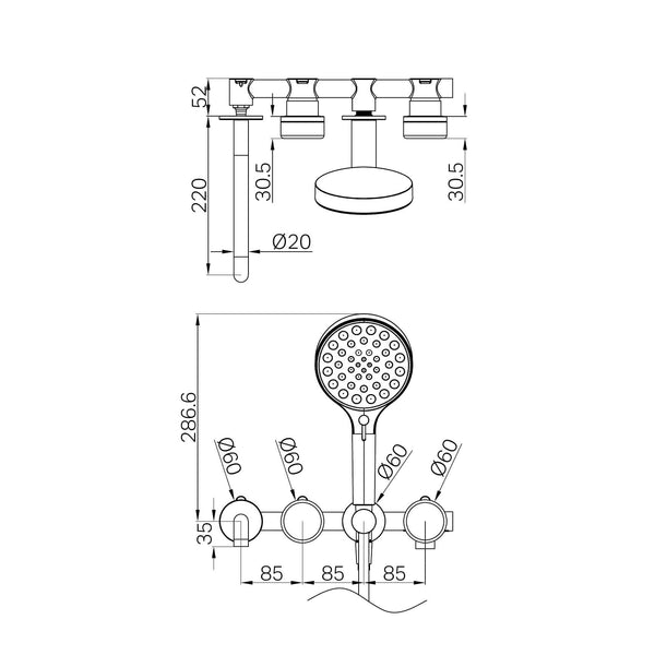 Nero Showers SERENITY PROGRESSIVE SHOWER SYSTEM WITH SPOUT WITH ROME TRAVERTINE HANDLE AND SERENITY HAND SHOWER CHROME (24E015CH)