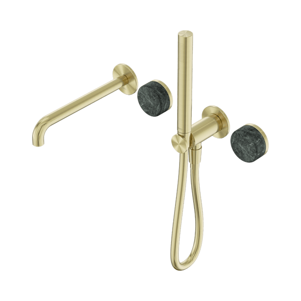 Nero Showers SERENITY PROGRESSIVE SHOWER SYSTEM WITH SPOUT WITH VERDE ALPI HANDLE AND SLIM SHOWER BRUSHED GOLD (24E008BG)