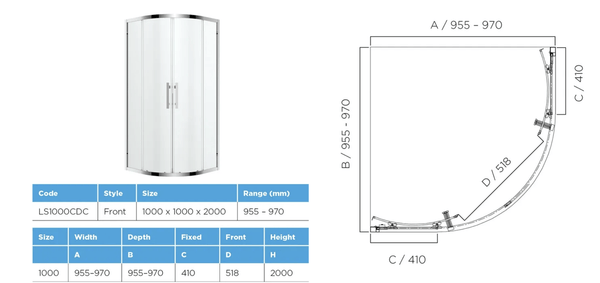 Oceano Showers Louve Curved Slider Shower Screen 1000mm