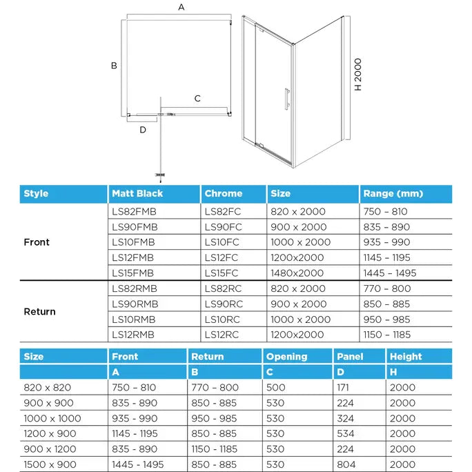 Louve Square Pivot Shower Screen Front Only - Matt Black