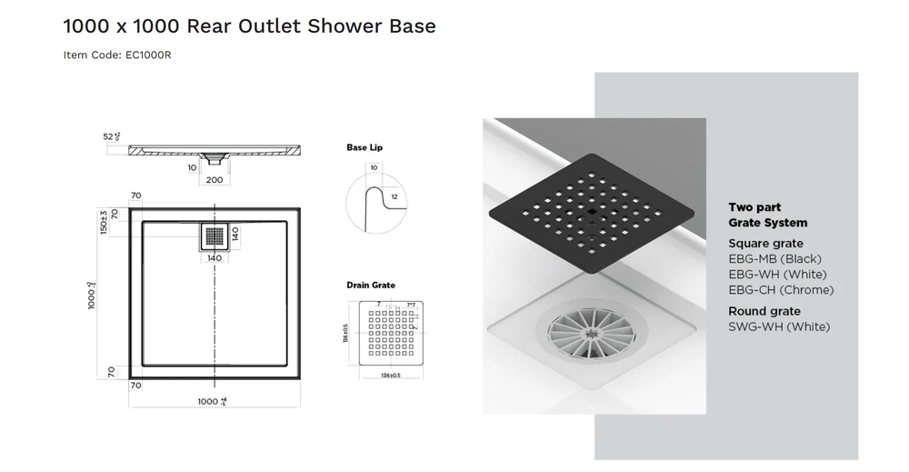 Stonelite™ ECO EC1000R 1000x1000MM Rear Outlet