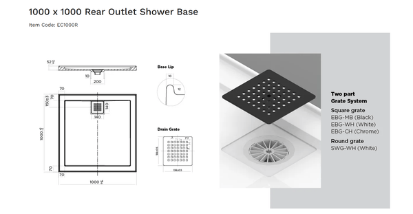 Oceano Showers Stonelite™ ECO EC1000R 1000x1000MM Rear Outlet