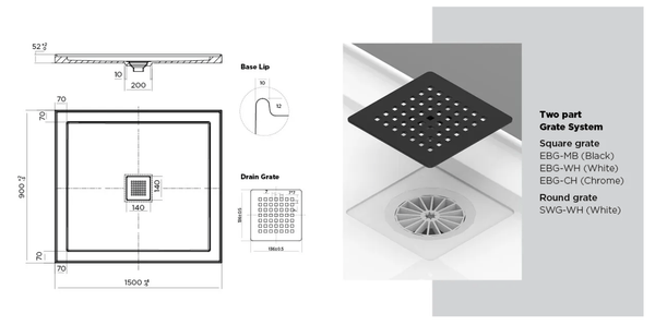 Oceano Showers Stonelite™ ECO EC1500C 1500x900MM Center Outlet
