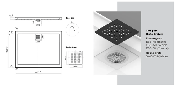 Oceano Showers Stonelite™ ECO EC1800R 1800x900MM Rear Outlet