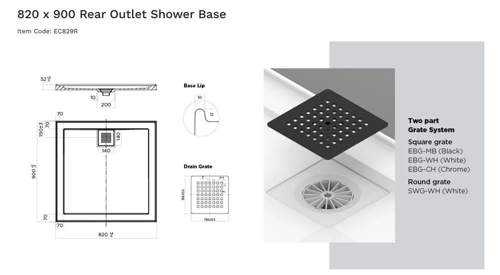 Stonelite™ ECO EC829R 820x900MM Rear Outlet