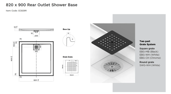 Oceano Showers Stonelite™ ECO EC829R 820x900MM Rear Outlet