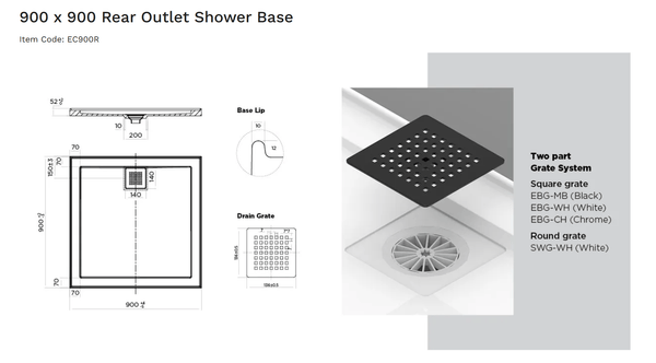 Oceano Showers Stonelite™ ECO EC900R 900x900MM Rear Outlet