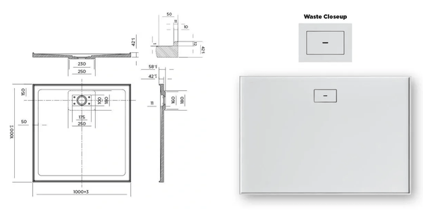 Oceano Showers Stonelite™ Metro MT1000R 1000x1000MM Rear Outlet