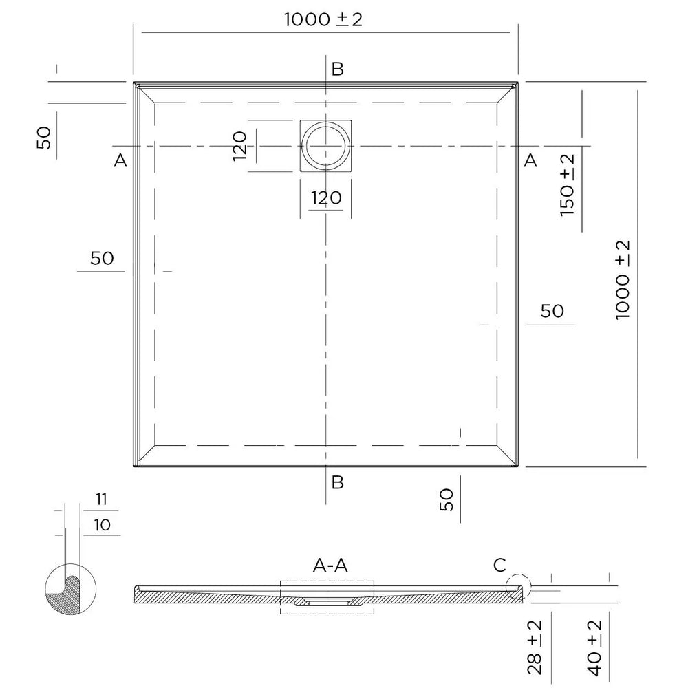 Stonelite™ Profile PD1000LHR 1000X1000MM Rear Outlet, 2 Tile Flange Left Hand
