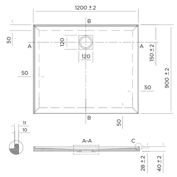 Oceano Showers Stonelite™ Profile PD1290LHR 1200X900MM Rear Outlet, 2 Tile Flange Left Hand