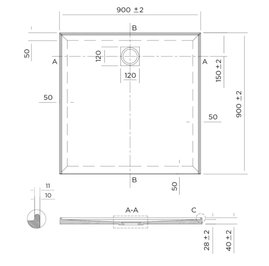 Stonelite™ Profile PD900R 900X900MM Rear Outlet, 3 Tile Flange