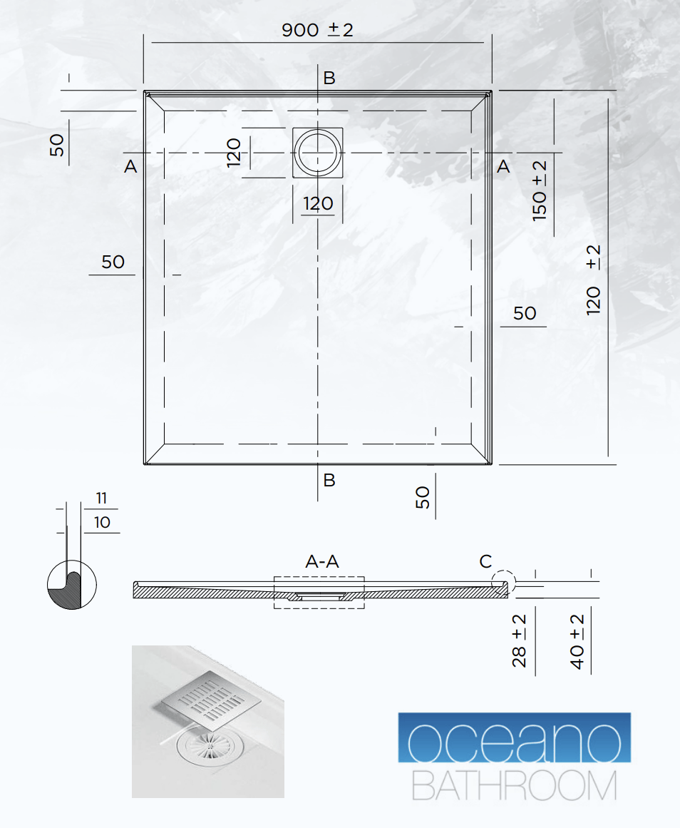 Stonelite™ Profile PD9012RHR 900X1200MM Rear Outlet, 2 Tile Flange Right Hand