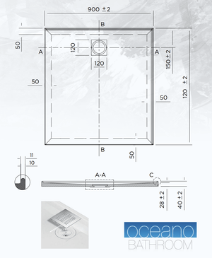 Oceano Showers Stonelite™ Profile PD9012RHR 900X1200MM Rear Outlet, 2 Tile Flange Right Hand