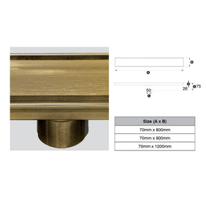 RobertsDesigns Showers 316 Stainless Steel Grate - Tile Insert Profile 50mm Dia Outlet, Stainless Steel Filter, Watermarked - Matte Gold Finish 70mm x 900mm