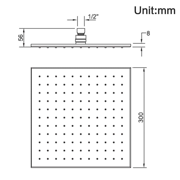 TSI Showers CH0133.SH SQUARE CHROME BRASS RAINFALL SHOWER HEAD 300MM