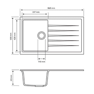 TSI Sinks TWMD-100G 860 X 500 X 205MM CARYSIL VIVALDI D100 SINGLE BOWL WITH DRAINER BOARD GRANITE KITCHEN SINK