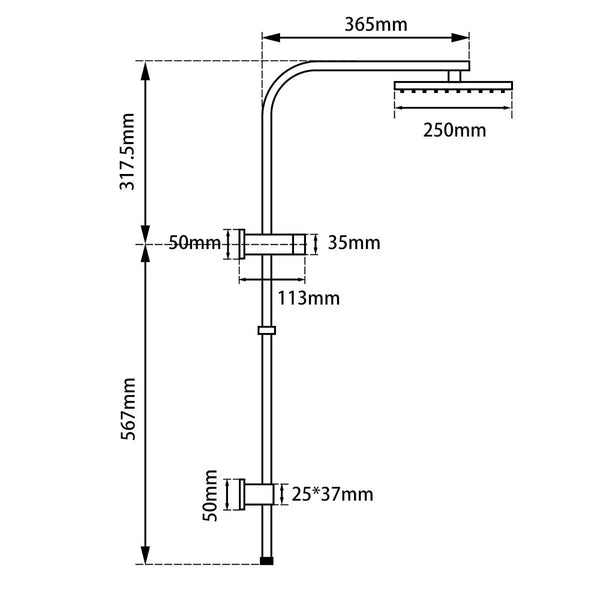 TSI Showers 10" SQUARE BLACK SHOWER STATION TOP WATER INLET