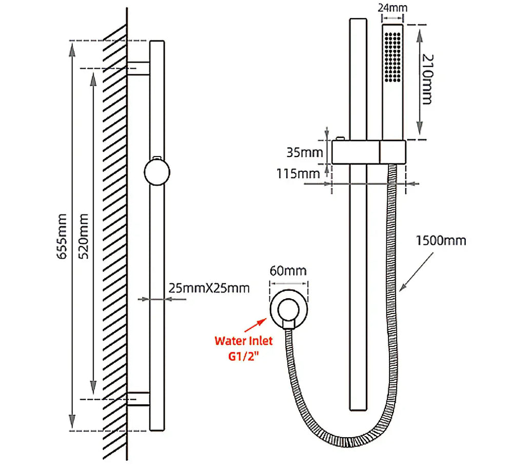 BUYG2147-1.SH ROUND BRUSHED BRASS WALL MOUNTED SLIDING RAIL WITH WATER HOSE & WALL CONNECTOR ONLY