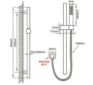 TSI Showers GM2147-1.SH ROUND GUN METAL GREY STAINLESS STEEL RAIL WITH HANDHELD SHOWER,FIXED WALL CONNECTOR SET