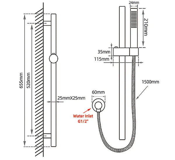 TSI Showers GM2147-1.SH ROUND GUN METAL GREY STAINLESS STEEL RAIL WITH HANDHELD SHOWER,FIXED WALL CONNECTOR SET