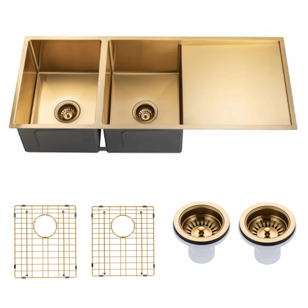 TSI Sinks TWM9G 1160X460X230MM BRUSHED YELLOW GOLD 1.2MM HANDMADE TOP/UNDERMOUNT DOUBLE BOWLS KITCHEN SINK